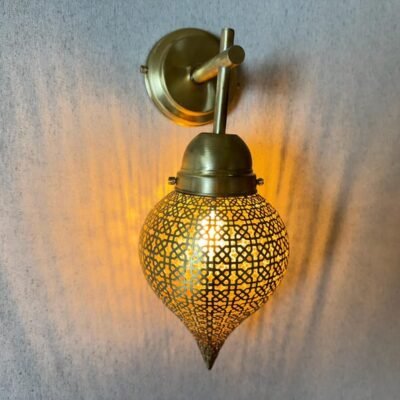 Handmade Moroccan Brass Wall Sconce: Perforated Teardrop Boho Light Handmade Moroccan Brass Wall Sconce: Perforated Teardrop Boho Light