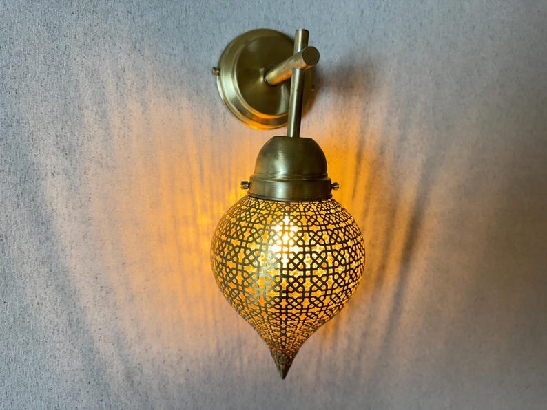 Handmade Moroccan Brass Wall Sconce: Perforated Teardrop Boho Light Handmade Moroccan Brass Wall Sconce: Perforated Teardrop Boho Light