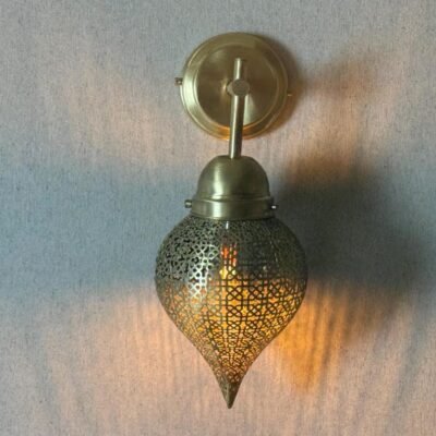 Handmade Moroccan Brass Wall Sconce: Perforated Teardrop Boho Light Handmade Moroccan Brass Wall Sconce: Perforated Teardrop Boho Light