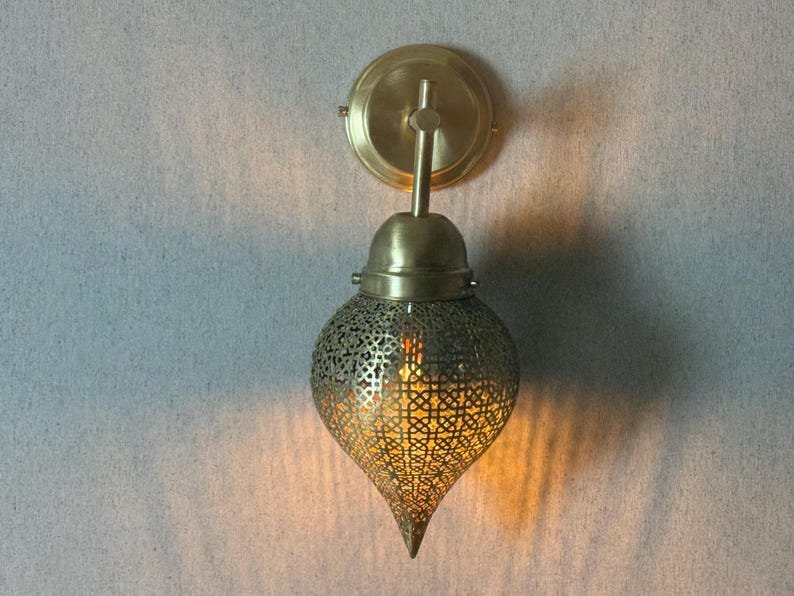 Handmade Moroccan Brass Wall Sconce: Perforated Teardrop Boho Light Handmade Moroccan Brass Wall Sconce: Perforated Teardrop Boho Light
