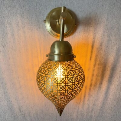Handmade Moroccan Brass Wall Sconce: Perforated Teardrop Boho Light Handmade Moroccan Brass Wall Sconce: Perforated Teardrop Boho Light