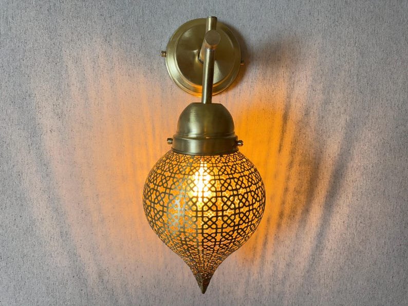 Handmade Moroccan Brass Wall Sconce: Perforated Teardrop Boho Light Handmade Moroccan Brass Wall Sconce: Perforated Teardrop Boho Light