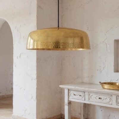 Large Hammered Brass Drum Pendant Light Timeless Mediterranean Statement Lamp