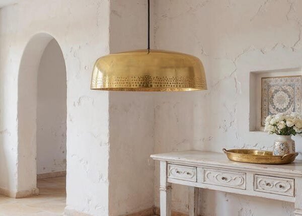 Large Hammered Brass Drum Pendant Light Timeless Mediterranean Statement Lamp