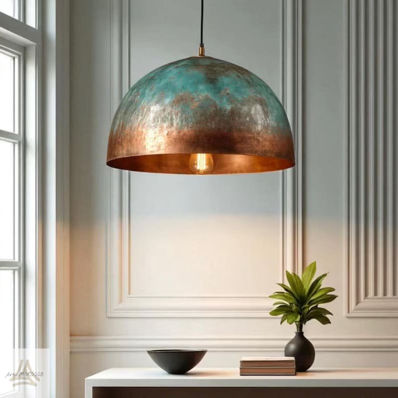 Antique Brass Pendant Lamp, Rustic Dome Pendant Lamp, Industrial Brass Pendant Lamp, Traditional Handmade Lamp