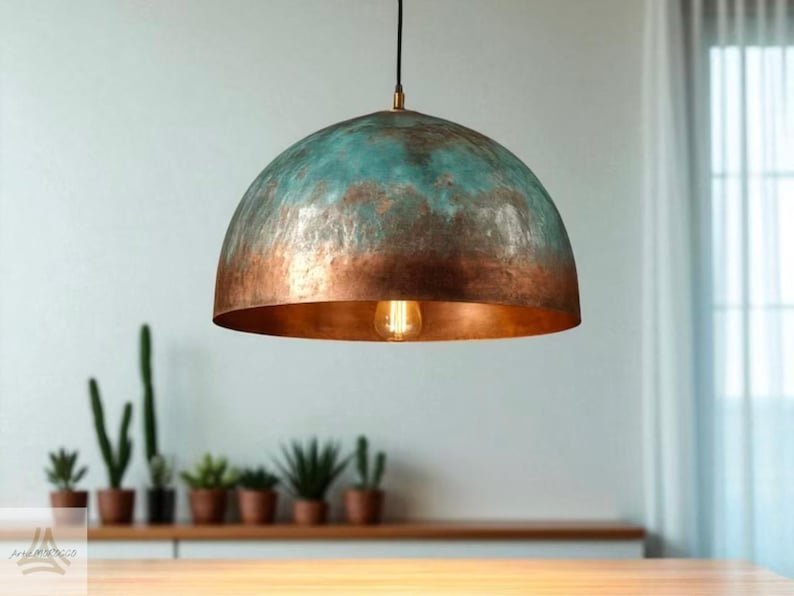 Turquoise Patina Copper Dome Pendant Light