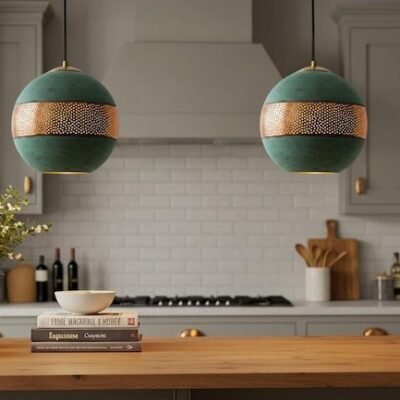 Handmade Moroccan Copper Pendant Light Set: Verdigris Patina Dome Lamps Handmade Moroccan Copper Pendant Light Set: Verdigris Patina Dome Lamps