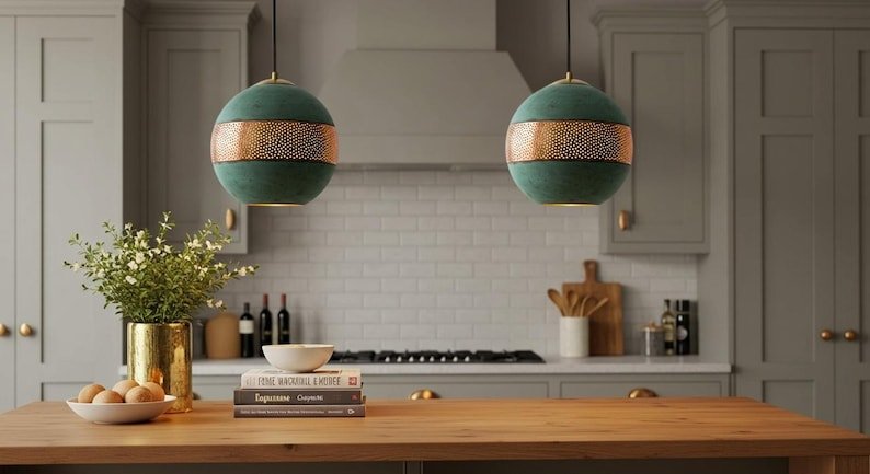 Handmade Moroccan Copper Pendant Light Set: Verdigris Patina Dome Lamps Handmade Moroccan Copper Pendant Light Set: Verdigris Patina Dome Lamps