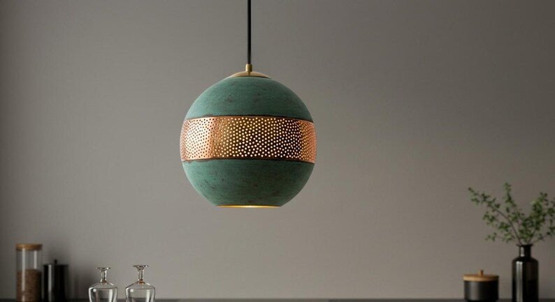 Handmade Moroccan Copper Pendant Light Set: Verdigris Patina Dome Lamps Handmade Moroccan Copper Pendant Light Set: Verdigris Patina Dome Lamps