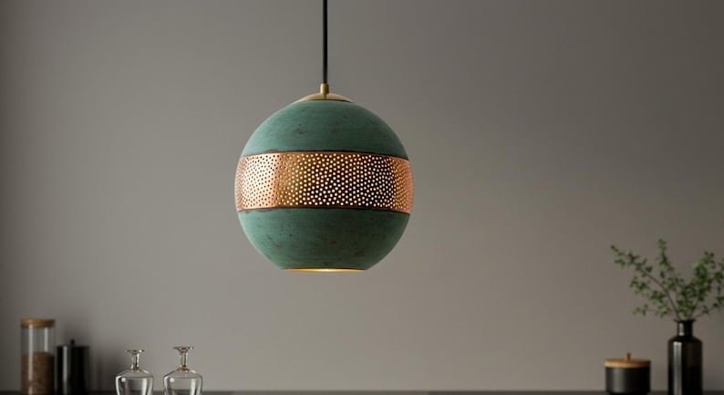 products-Verdigris3 Verdigris Copper Globe Pendant Light Perforated Band Modern Moroccan Lamp