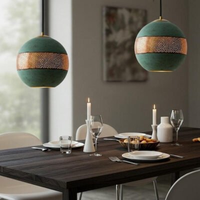 Handmade Moroccan Copper Pendant Light Set: Verdigris Patina Dome Lamps Handmade Moroccan Copper Pendant Light Set: Verdigris Patina Dome Lamps