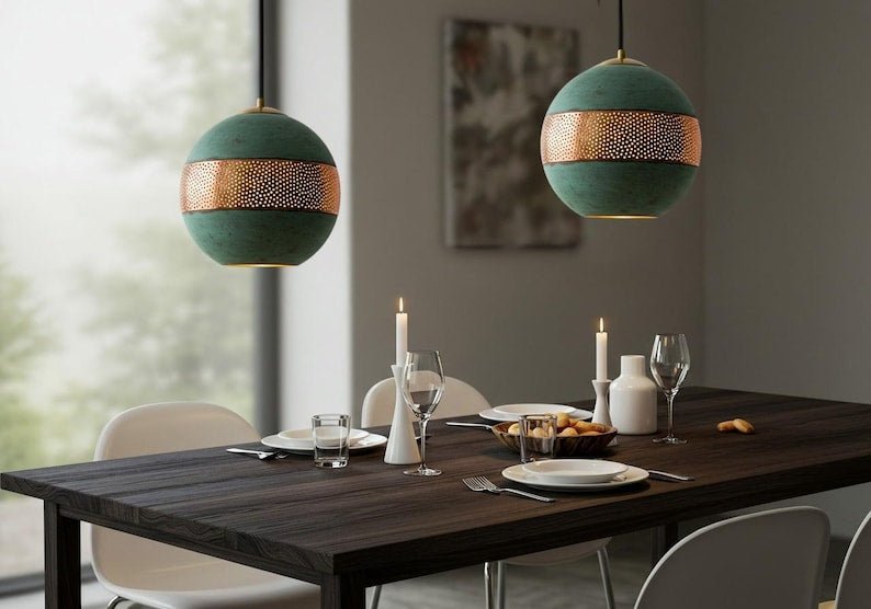 Handmade Moroccan Copper Pendant Light Set: Verdigris Patina Dome Lamps Handmade Moroccan Copper Pendant Light Set: Verdigris Patina Dome Lamps