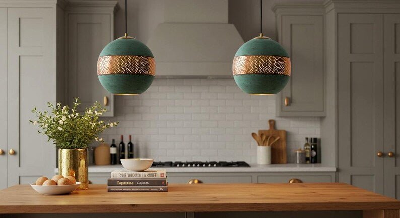 Handmade Moroccan Copper Pendant Light Set: Verdigris Patina Dome Lamps Handmade Moroccan Copper Pendant Light Set: Verdigris Patina Dome Lamps