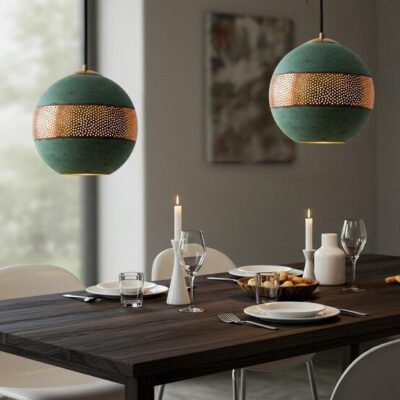 Handmade Moroccan Copper Pendant Light Set: Verdigris Patina Dome Lamps Handmade Moroccan Copper Pendant Light Set: Verdigris Patina Dome Lamps