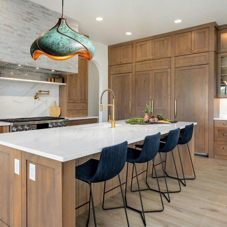 Hand-Hammered Copper Lotus Pendant Light: Verdigris Patina, Moroccan Lighting