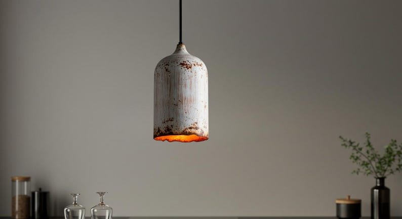 Rustic White Patina Pendant Lights – Vintage Industrial Hanging Lamps – Handmade Farmhouse Kitchen Lighting
