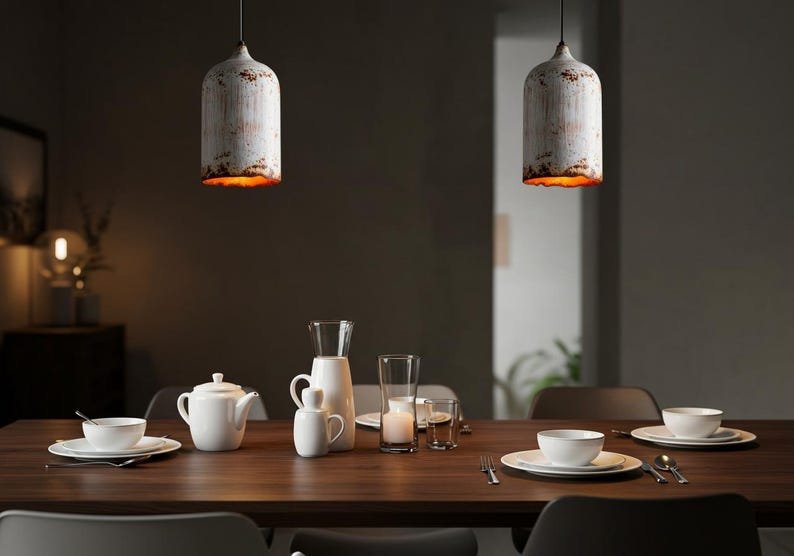 Rustic White Patina Pendant Lights – Vintage Industrial Hanging Lamps – Handmade Farmhouse Kitchen Lighting