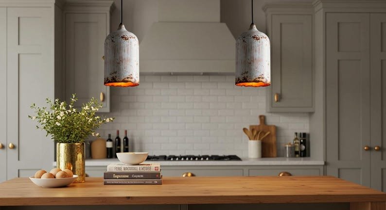 Rustic White Patina Pendant Lights – Vintage Industrial Hanging Lamps – Handmade Farmhouse Kitchen Lighting