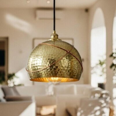 products-blendstradition6 Hammered Brass Dome Pendant Light with Copper Wrap Modern Boho Ceiling Lamp