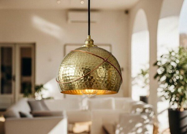 products-blendstradition6 Hammered Brass Dome Pendant Light with Copper Wrap Modern Boho Ceiling Lamp