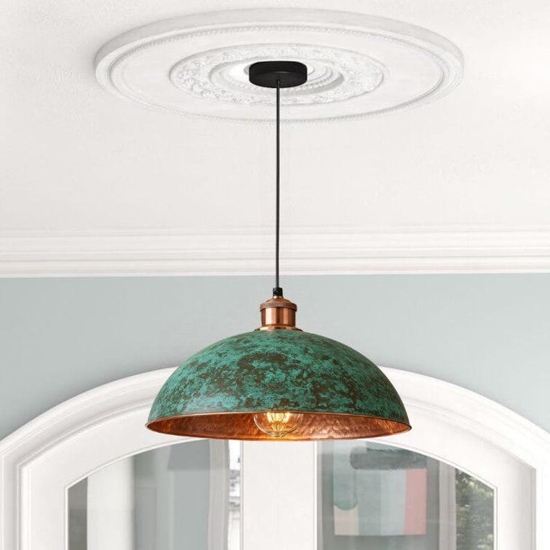 set of 2 Green patina copper dome pendant light- oxidized turquoise patina with copper interior - modern kitchen island-vintage hanging lamp set of 2 Green patina copper dome pendant light- oxidized turquoise patina with copper interior - modern kitchen island-vintage hanging lamp