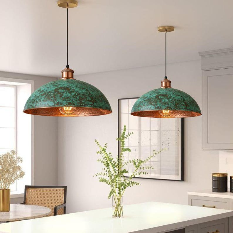 set of 2 Green patina copper dome pendant light- oxidized turquoise patina with copper interior - modern kitchen island-vintage hanging lamp set of 2 Green patina copper dome pendant light- oxidized turquoise patina with copper interior - modern kitchen island-vintage hanging lamp