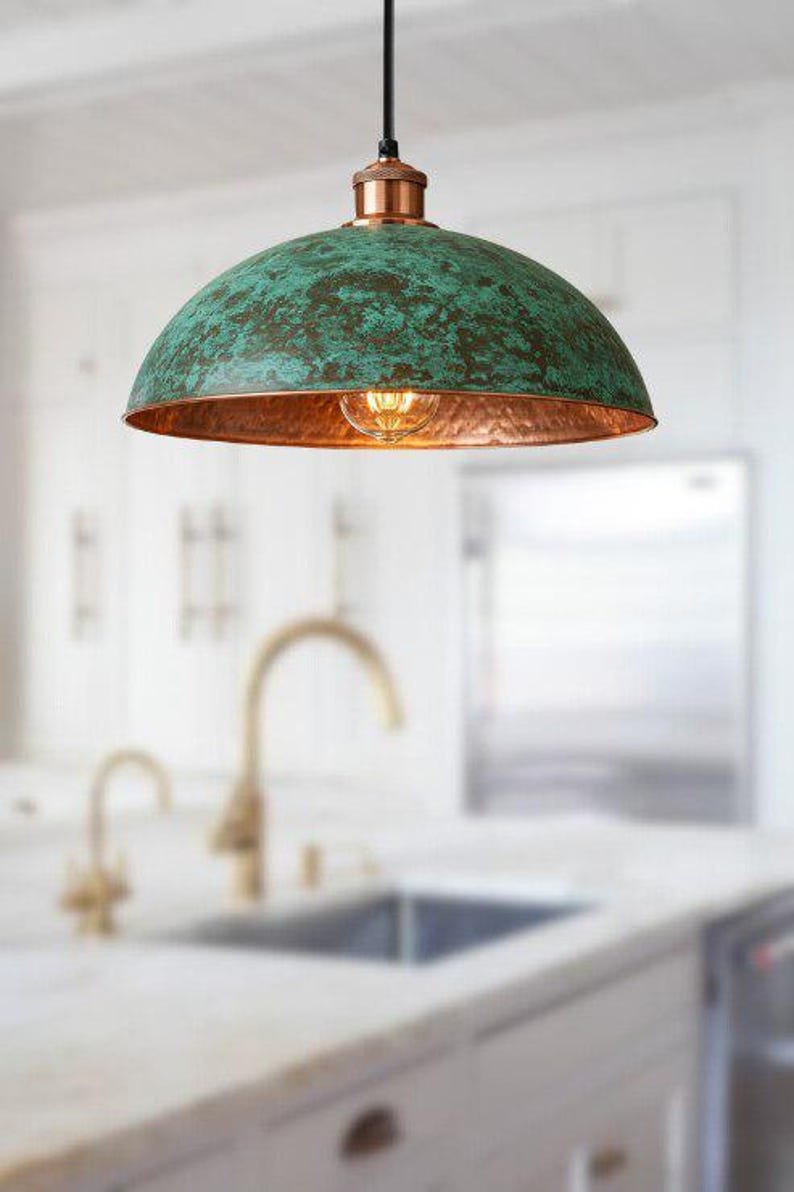 set of 2 Green patina copper dome pendant light- oxidized turquoise patina with copper interior - modern kitchen island-vintage hanging lamp set of 2 Green patina copper dome pendant light- oxidized turquoise patina with copper interior - modern kitchen island-vintage hanging lamp