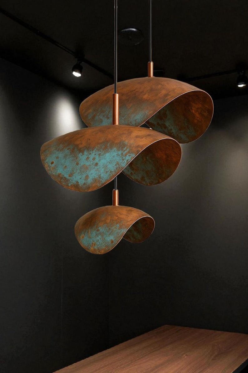 Set of 3 Handcrafted Moroccan Copper Pendant Light With Blue Patina