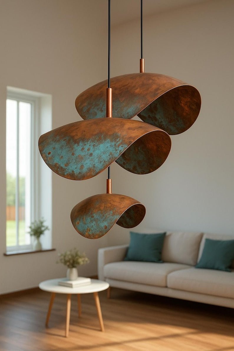 Set of 3 Handcrafted Moroccan Copper Pendant Light: Blue Patina Dome Lamp