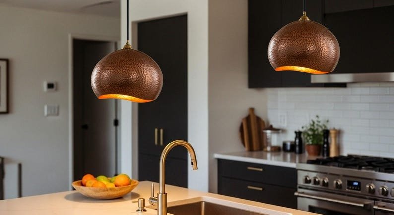 Handcrafted Hammered Copper Pendant Light: Moroccan Copper Patina Brass Dome