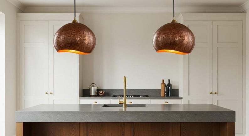 Handcrafted Hammered Copper Pendant Light: Moroccan Copper Patina Brass Dome