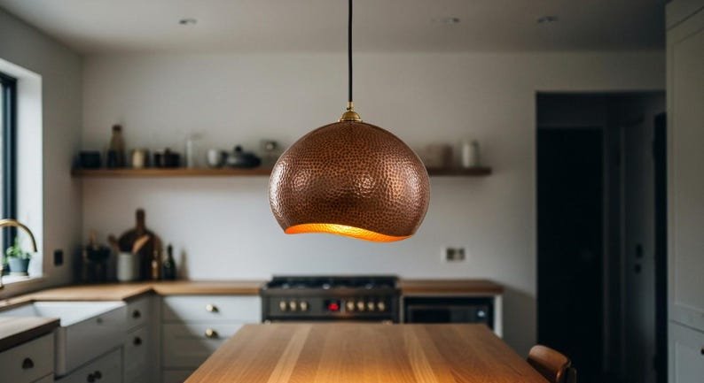 Handcrafted Hammered Copper Pendant Light: Moroccan Copper Patina Brass Dome