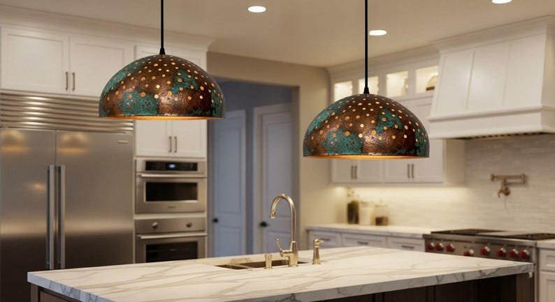 Handmade Copper Dome Pendant Lamp: green patina Rustic Light Handmade Copper Dome Pendant Lamp: green patina Rustic Light