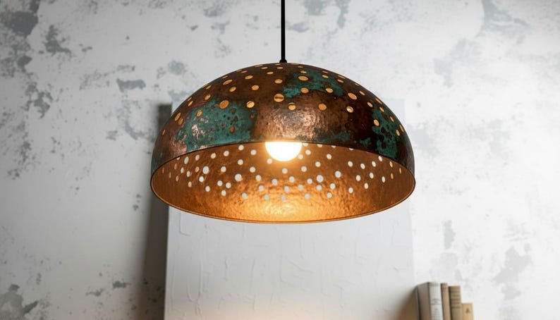 Handmade Copper Dome Pendant Lamp: green patina Rustic Light Handmade Copper Dome Pendant Lamp: green patina Rustic Light