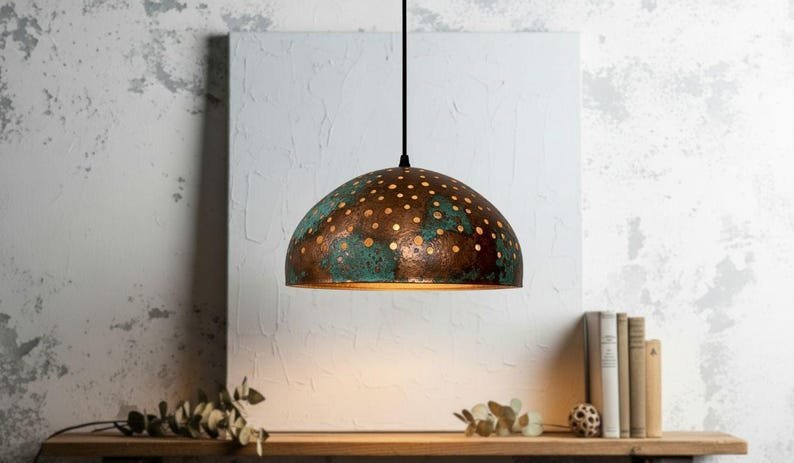 products-greenpatinaRusticLight7 Green Patina Rustic Dome Pendant Light Oxidized Copper Ceiling Lamp