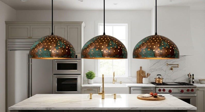 Handmade Copper Dome Pendant Lamp: green patina Rustic Light Handmade Copper Dome Pendant Lamp: green patina Rustic Light
