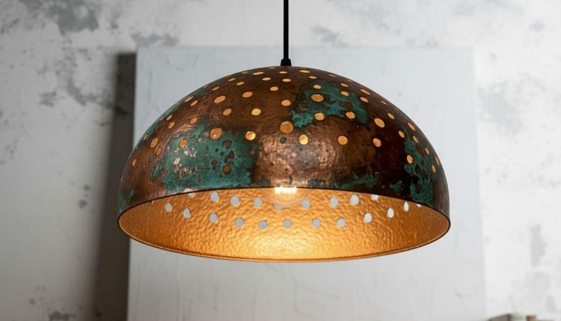 Handmade Copper Dome Pendant Lamp: green patina Rustic Light Handmade Copper Dome Pendant Lamp: green patina Rustic Light