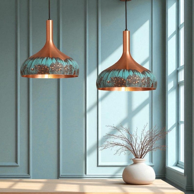 Handmade Green Patina Copper Dome Pendant Light: Rustic Chandelier
