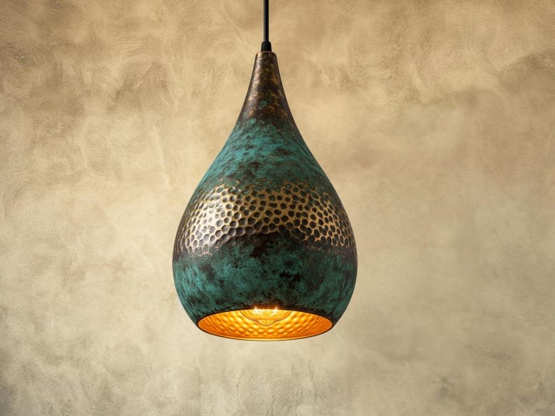 Handmade Oxidized Copper Dome Lamp: Green Patina Island Lighting