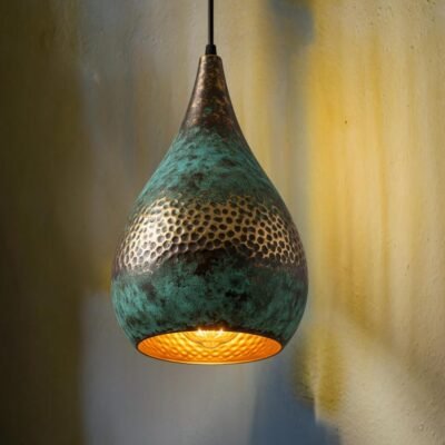 Handmade Oxidized Copper Dome Lamp: Green Patina Island Lighting