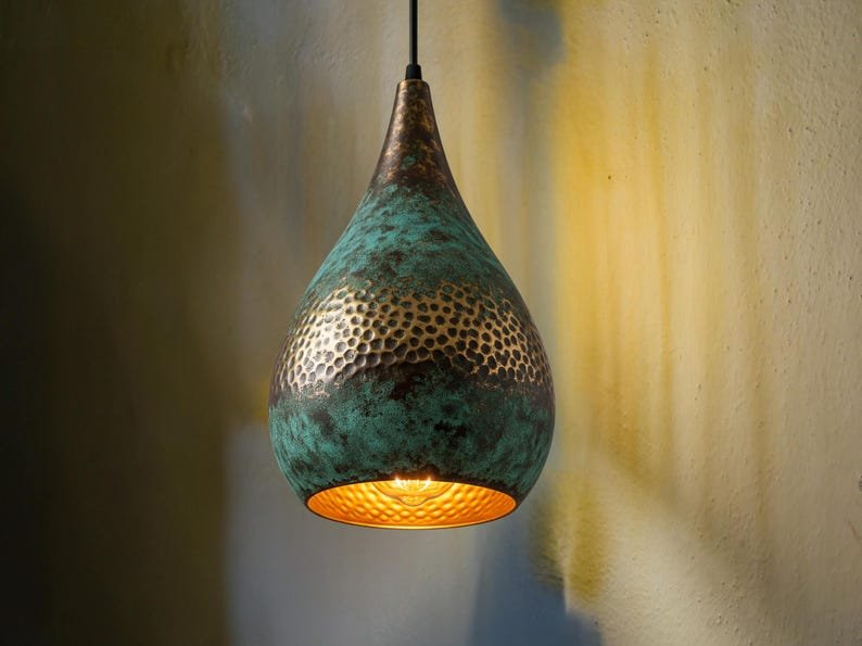 Handmade Oxidized Copper Dome Lamp: Green Patina Island Lighting