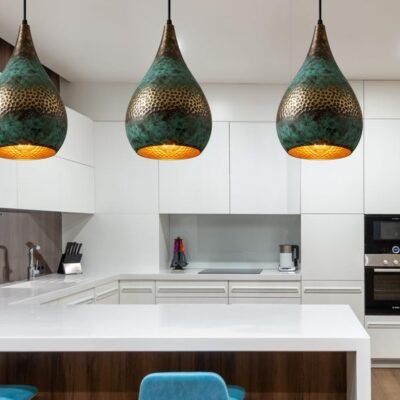 Handmade Oxidized Copper Dome Lamp: Green Patina Island Lighting