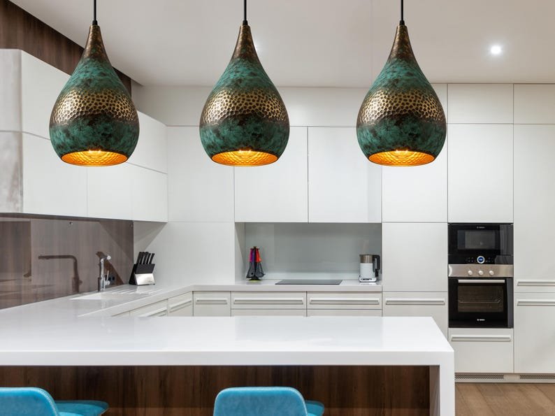 Handmade Oxidized Copper Dome Lamp: Green Patina Island Lighting