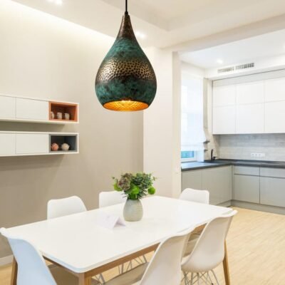 Handmade Oxidized Copper Dome Lamp: Green Patina Island Lighting