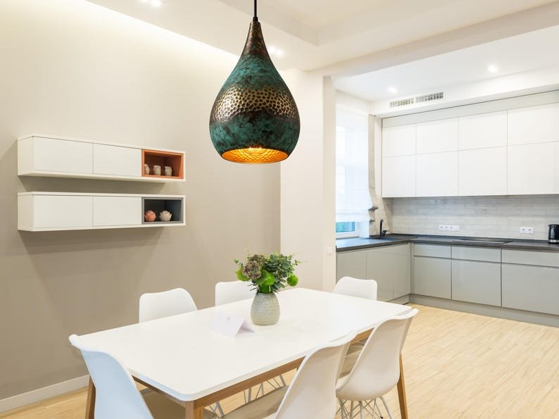 Handmade Oxidized Copper Dome Lamp: Green Patina Island Lighting