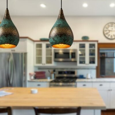 Handmade Oxidized Copper Dome Lamp: Green Patina Island Lighting