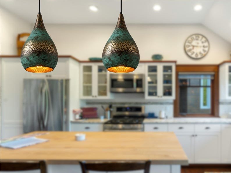Handmade Oxidized Copper Dome Lamp: Green Patina Island Lighting