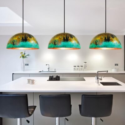 Set of 3 Oxidized Copper Patina Pendant Lights: Kitchen Island Lighting