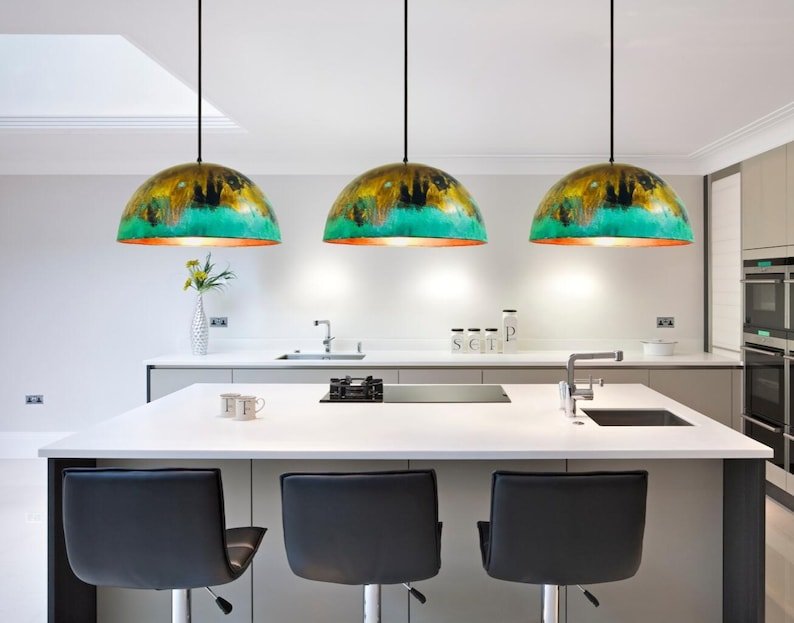 Set of 3 Oxidized Copper Patina Pendant Lights: Kitchen Island Lighting