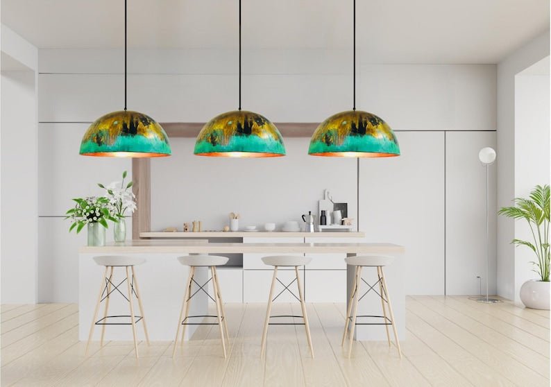 Set of 3 Oxidized Copper Patina Pendant Lights: Kitchen Island Lighting